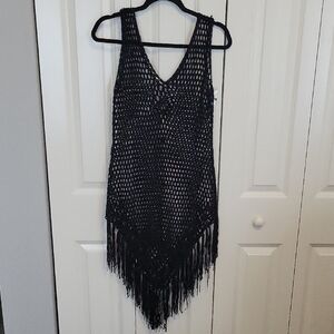 Black Fringe Crochet Beach Cover-Up